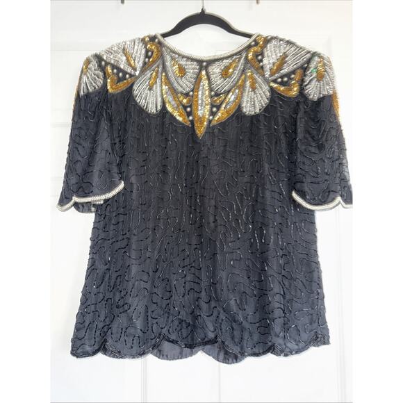 Vintage Lawrence Kazar Sz L‎ Beaded Silk Top Black Gold Silver Embellished Party - Picture 1 of 11